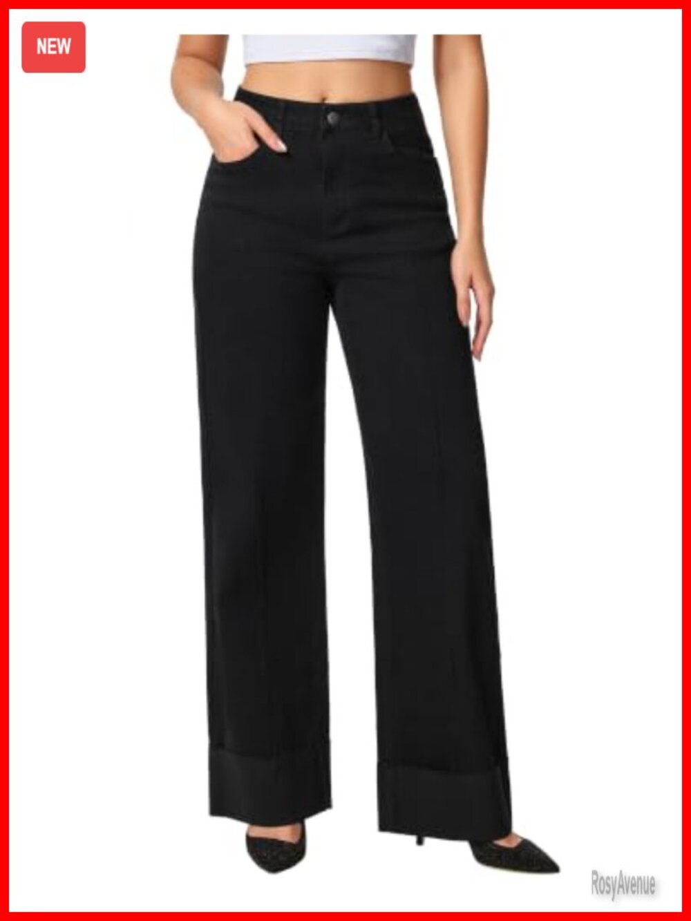 Women's Stretchy Wide Leg High Rise Cuffed Raw Hem Jeans